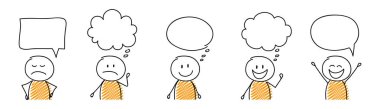 Boş konuşma kabarcıkları ile karikatür stickmen seti. Vektör