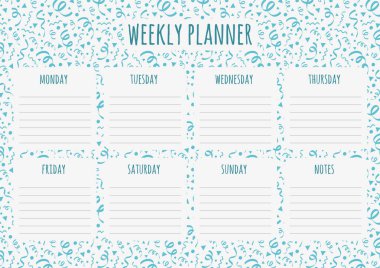 Serpantinler, günlük planlar ve notlar ile haftalık planlayıcısı. Vektör