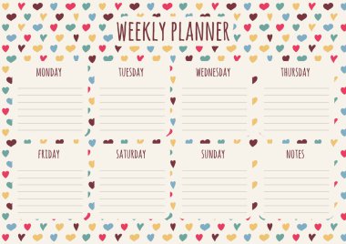 Kalpleri ile renkli haftalık planlayıcısı şablonu. Vektör