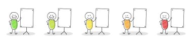 Boş beyaz tahta ile komik el çizilmiş stickman Koleksiyonu. Vektör