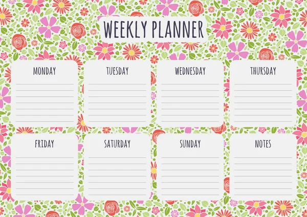 Organizador Semanal Planificador Con Fondo Floral Vector — Vector de stock