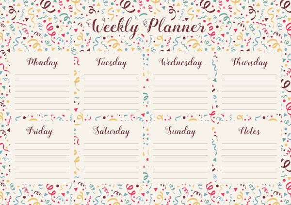 Еженедельный планировщик с фоном и нарисованными вручную змеями. Вектор
