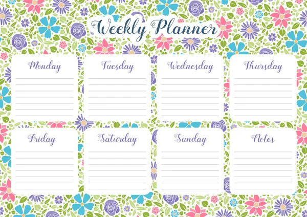 Planificador Semanal Con Flores Planos Diarios Flores Vector — Vector de stock