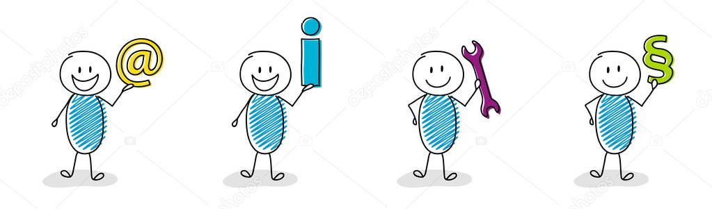 Funny hand drawn stickman with business icons. Vector