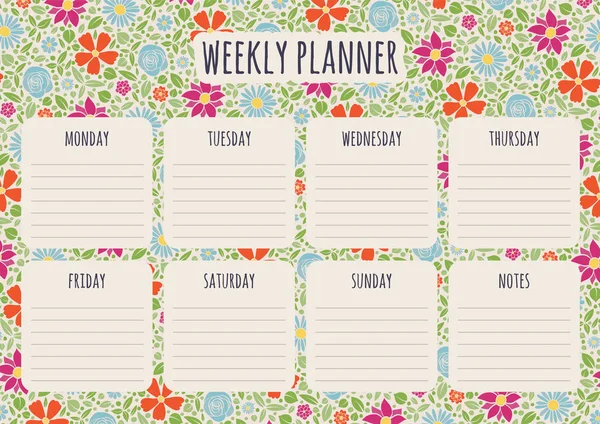 Planificador Semanal Con Coloridas Flores Dibujadas Mano Vector — Vector de stock