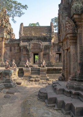 Kamboçya, Seay Banteay - Mart 2016 - ornately oyma 10 yüzyıla, kırmızı kum taşı, Hindu tanrısı Shiva, adanmış tapınak restore edilmiş kalıntıları erken sabah ışık boğulmuş