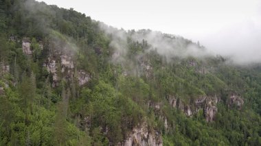 Ural Dağları. Sisteki pembe kayalar.