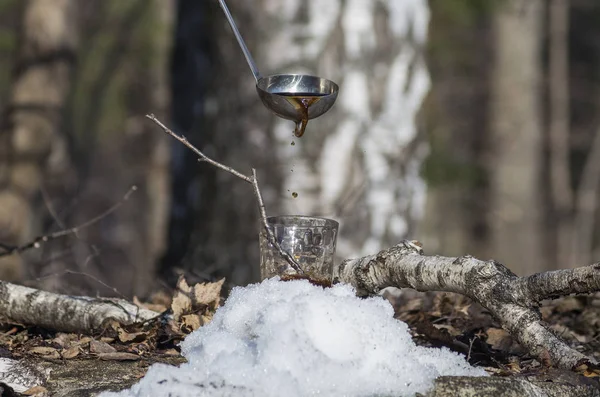 Pouring Syrup Birch Sap Glass Stock Image