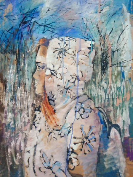 Portrait de jeune femme dessiné à la main. Femme de mode. Jolie fille avec des fleurs. Peinture — Photo