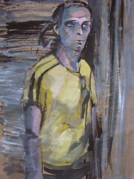 一幅独一无二的画。在一个抽象的背景黄色 t恤衫的男子肖像. — 图库照片