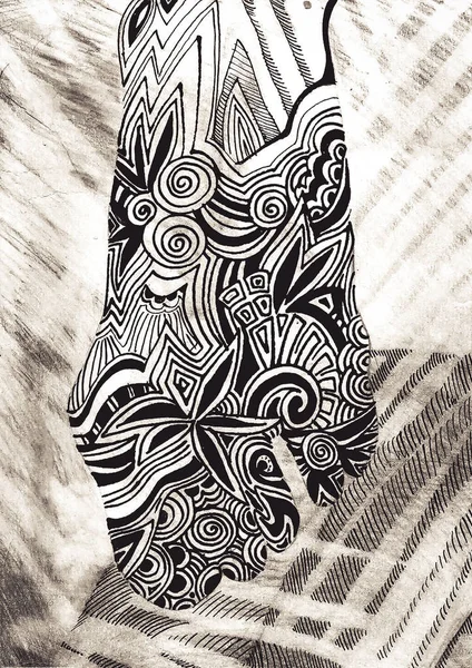 Female legs. Hand-drawn, sea waves. Drowning woman. Ethnic, retro, doodle, zentangle, tribal design element. Artistically ethnic patterns.