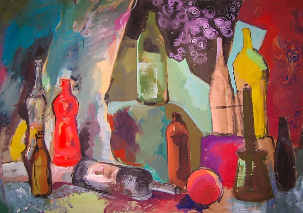 Натюрморт живопис малюнок стилізованих пляшок та інших предметів — стокове фото