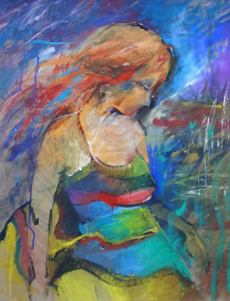 Retrato de mujer joven dibujado a mano. Mujer de moda. Linda chica con flores. Pintura — Foto de Stock