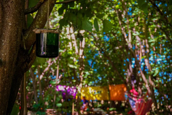 Atrapasueños hecho a mano colgando en un bosque verde. Decoración del festival . — Foto de Stock