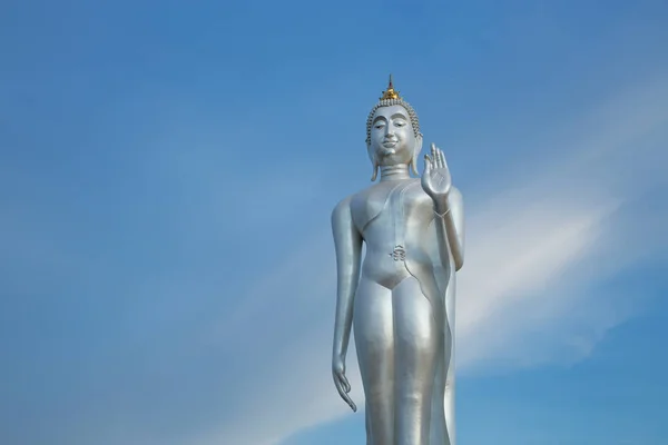 Walking Buddha Image Silver Beautiful Sky Background — Stock Photo, Image