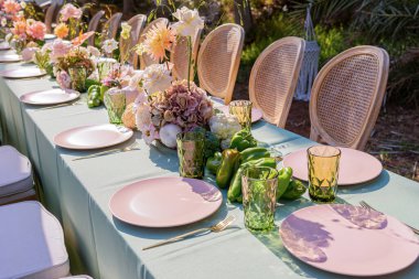 Taze çiçeklerle süslenmiş uzun bir masa, renkli cam eşyalar ve unutulmaz bir toplantı için güzel tabaklar içeren şık bir açık hava yemeği.