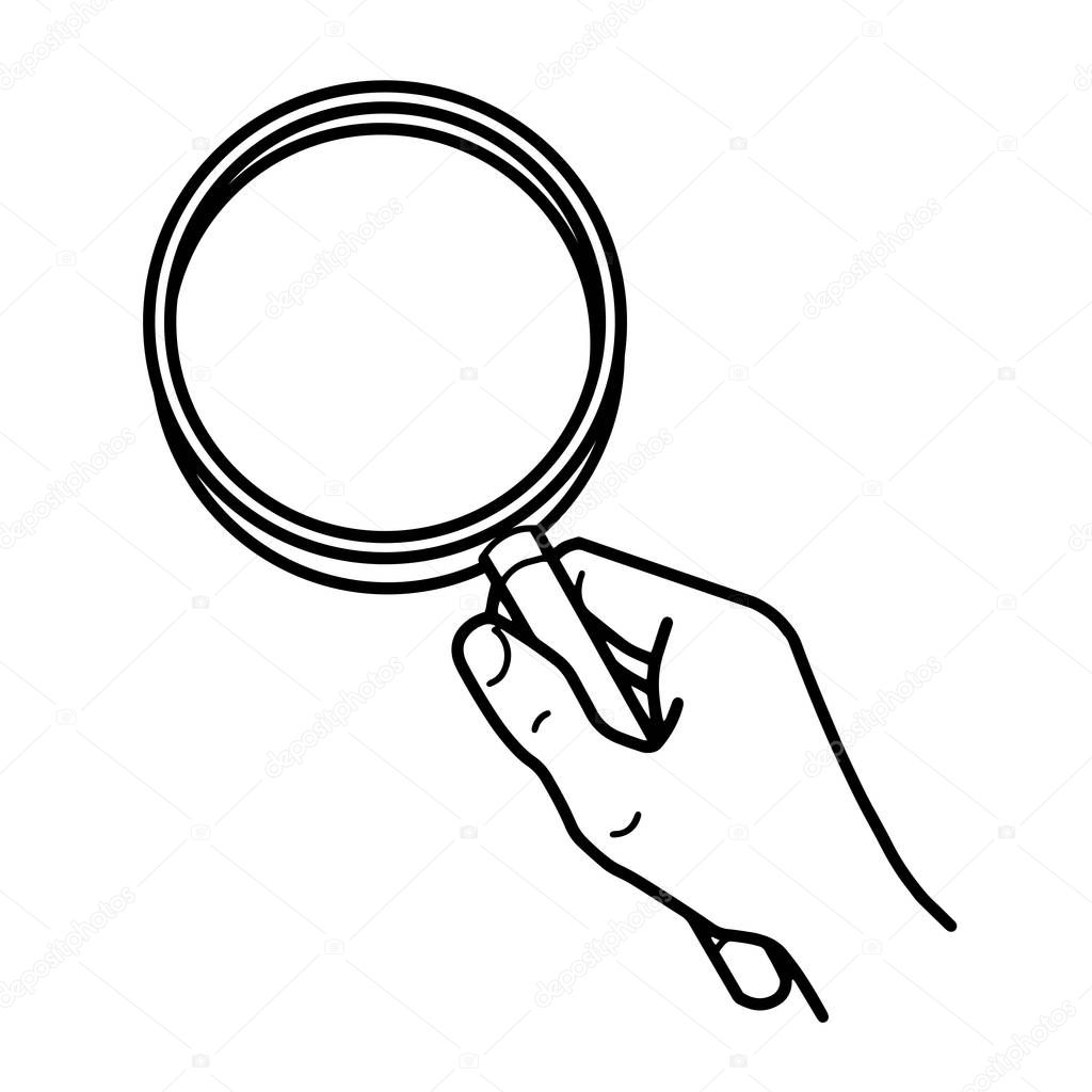 Hand holding a magnifying glass. Black outline