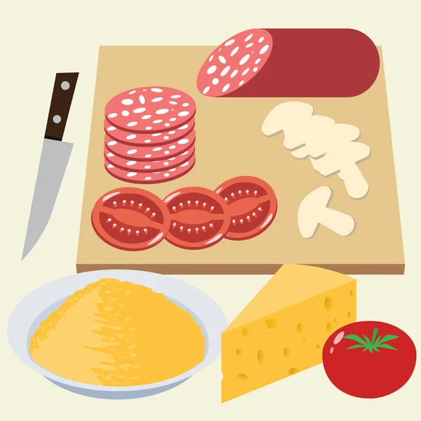 Establecer ingredientes de pizza: salchichas, tomates, champiñones, queso — Vector de stock