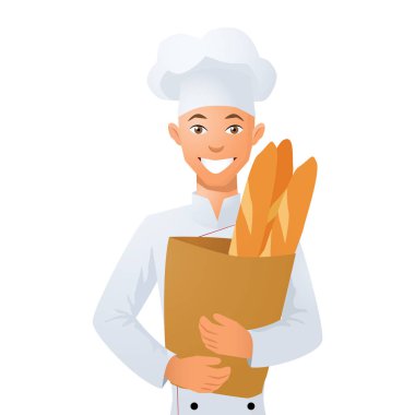 Fırıncı ekmek bir torba tutuyor. Vektör çizim.