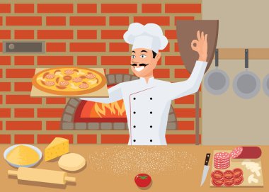 Elinde tutan pişmiş pizza yemek. Vektör çizim