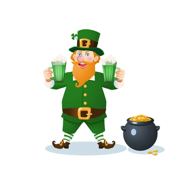 Cheerful leprechaun with two mugs of green beer — Stock Vector