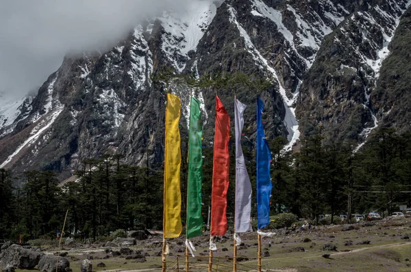 Una Vista Del Valle Yumthang Cordillera Del Himalaya Con Banderas — Foto de Stock