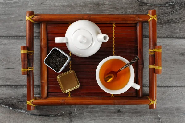 Table Top View White Ceramic Teapot Cup Hot Black Tea — Stock Photo, Image