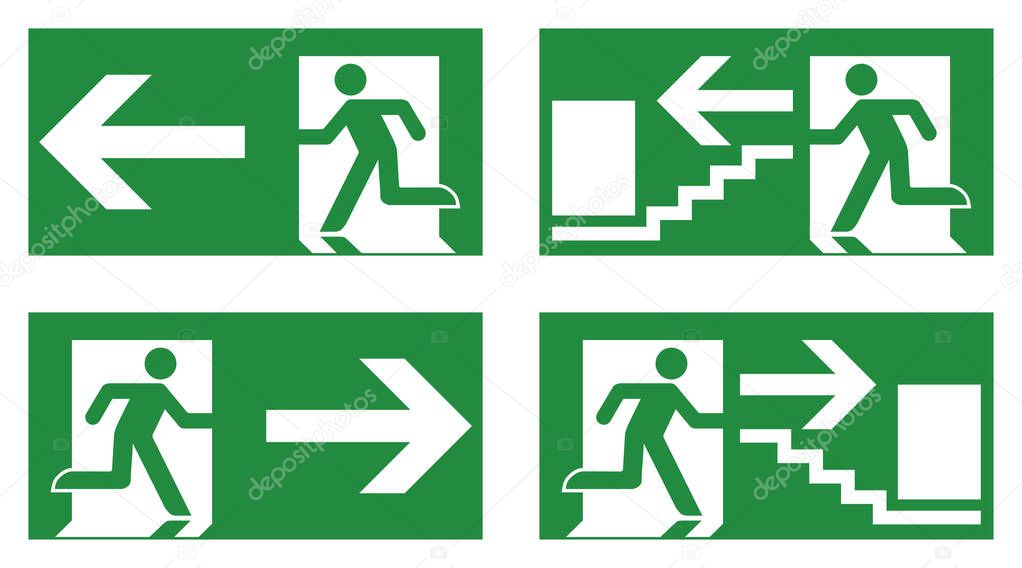 Emergency exit safety sign. White running man icon on green background - left, right and stairs version.
