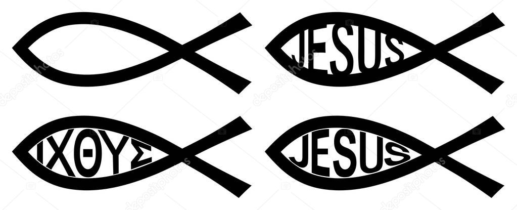 Christian Ichthys symbol. Two black arcs resembling fish. Version without text, with greek letters I CH TH Y S (standing for Jesus Christ, Son of God, Saviour) and word Jesus inside.