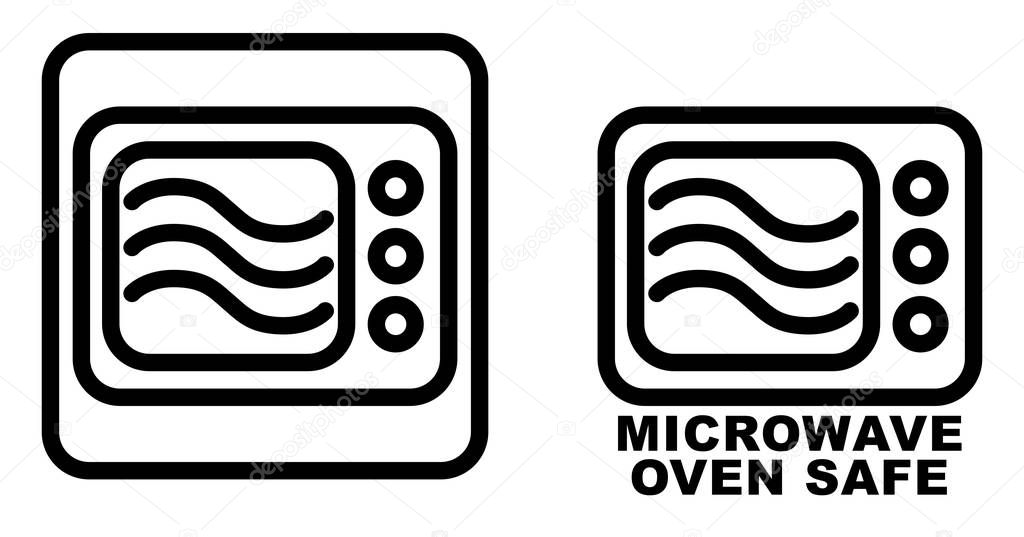 Microwave safe container icon. Simple black lines oven drawing with three wave curves inside. Graphic symbol only and also version with text.