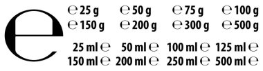 Estimated e sign (e-mark) with correct dimensions as per EU Directive 71/316. Versions with commonly used weights and volumes for food and cosmetics label. clipart