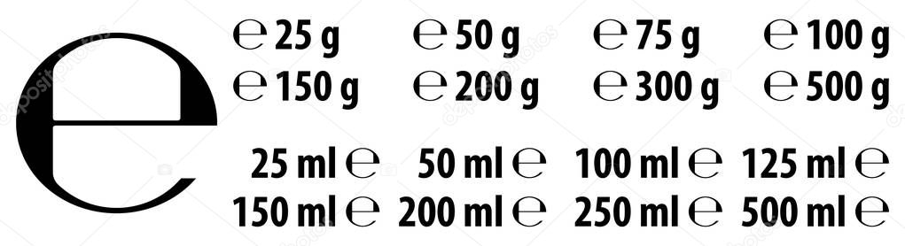 Estimated e sign (e-mark) with correct dimensions as per EU Directive 71/316. Versions with commonly used weights and volumes for food and cosmetics label.