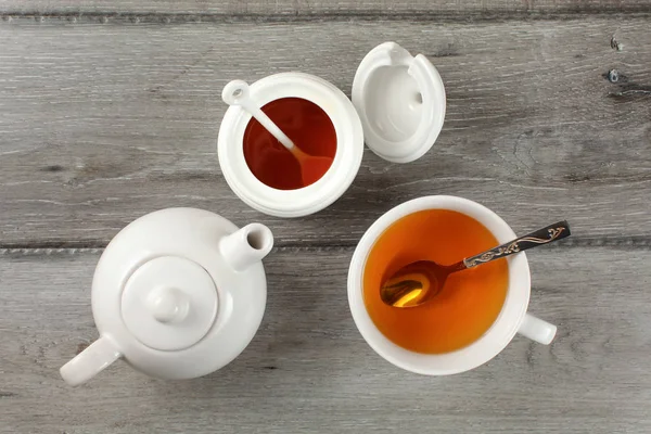 Table Top View Gray Wood Desk Teapot Teacup Hot Drink — Stock Photo, Image