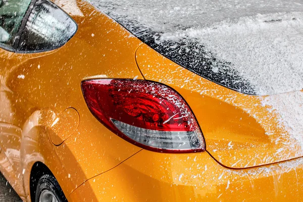 Yellow Car Rear Window Completely Covered Thick White Shampoo Foam — Stock Photo, Image