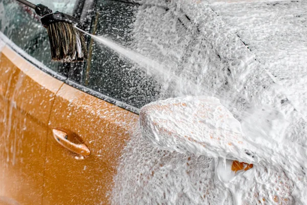 Yellow Car Side Mirror Completely Covered Thick Shampoo Foam More — Stock Photo, Image