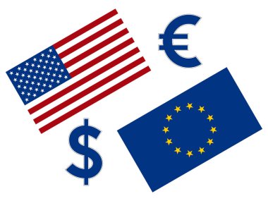 EURUSD forex Döviz çifti illüstrasyon. AB ve Amerikan bayrağı, Euro ve dolar simgesi.