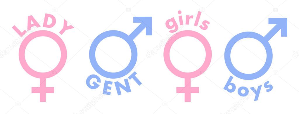 Ladies / gents - male / female signs. Icons in pink and blue color to help differentiate whom is the product suitable for.