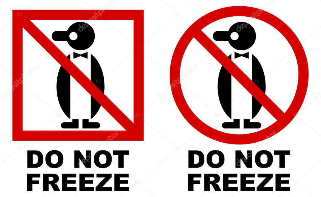 Do not freeze symbol. Red crossed penguin drawing with text under. Square and circle version.