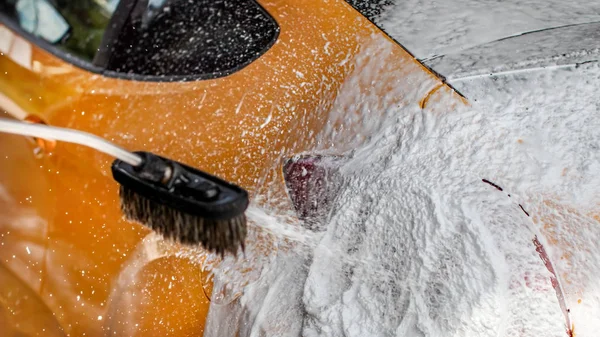 Detail Car Rear Washed Carwash Thick Shampoo Foam Spraying Rear — Stock Photo, Image