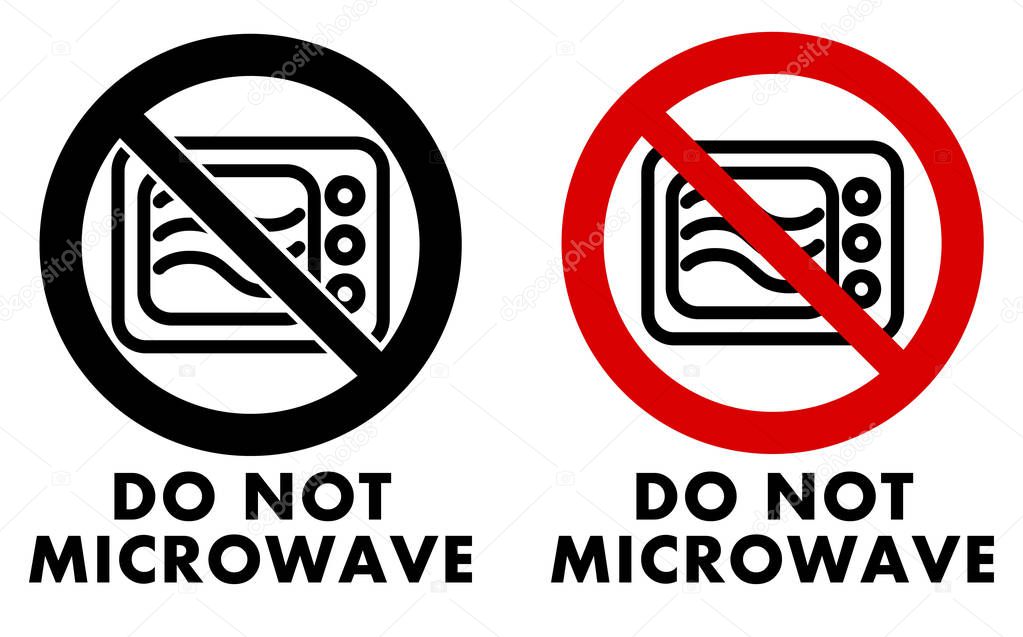 Do not microwave symbol. Oven icon in crossed circle with text under. Black and white / red version.