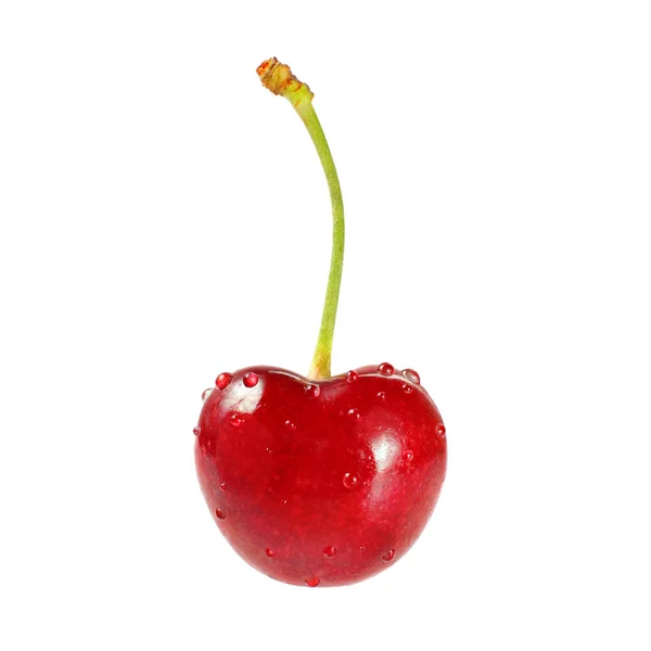 Red Cherry Krople Wody Białym Tle — Zdjęcie stockowe
