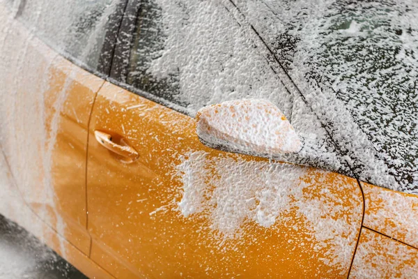 Side Car Washed Self Serve Carwash Wind Shield Mirror Covered — Stock Photo, Image