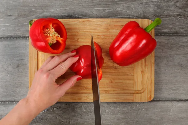 Table Top View Woman Cutting Red Bell Peppers Chefs Knife — Stock Photo, Image