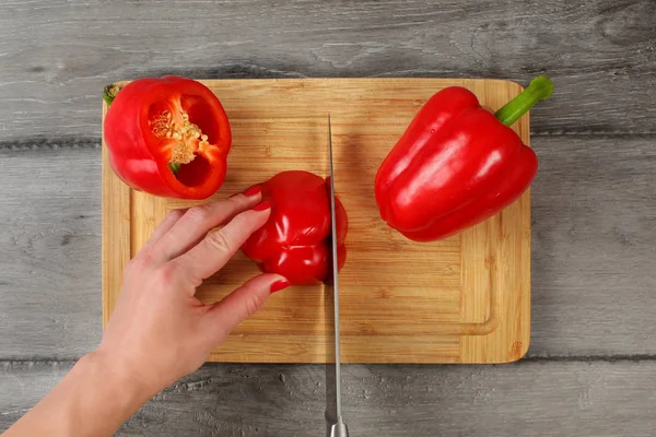 Tabletop View Woman Hand Holding Red Bell Pepper Cutting Chef — Stock Photo, Image