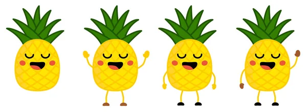 Lindo kawaii estilo Piña icono de la fruta, los ojos cerrados, sonriendo con la boca abierta. Versión con las manos levantadas, abajo y saludando . — Archivo Imágenes Vectoriales
