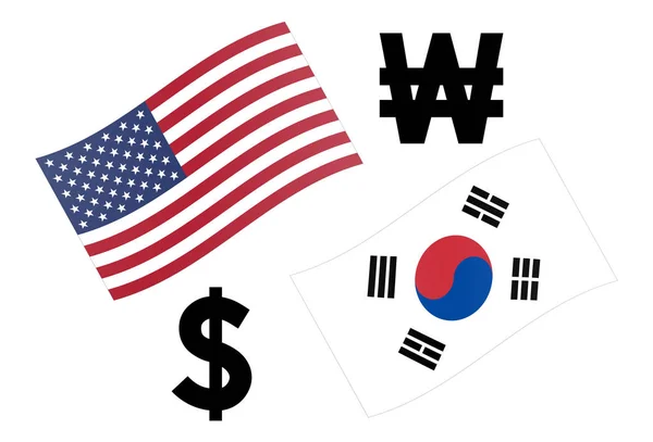 USDKRW moeda forex par vetor ilustração. Bandeira americana e coreana, com símbolo Dollar e Won . —  Vetores de Stock