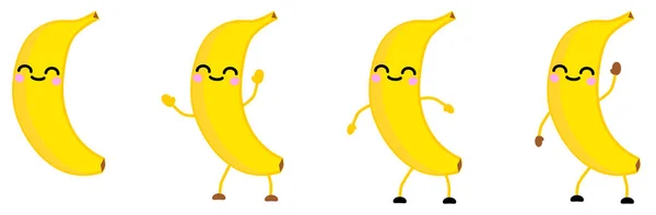 Lindo estilo kawaii Banana icono de la fruta, los ojos cerrados, sonriendo. Versión con las manos levantadas, abajo y saludando . — Vector de stock