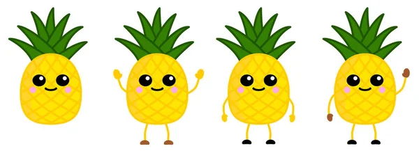 Carino stile kawaii icona di frutta ananas, grandi occhi, sorridente. Versione con le mani alzate, giù e agitando . — Vettoriale Stock