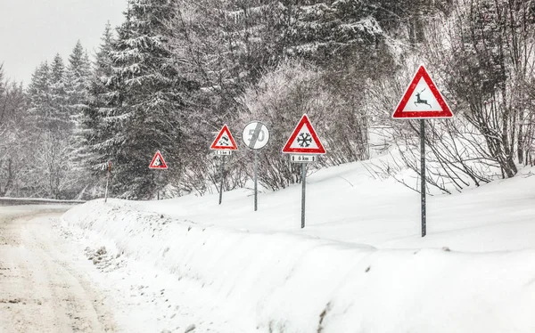 Row of warning roadsign on dangerous part of forest road, during winter blizzard. Caution - deers, snow, skids and falling rocks — Stock Photo, Image