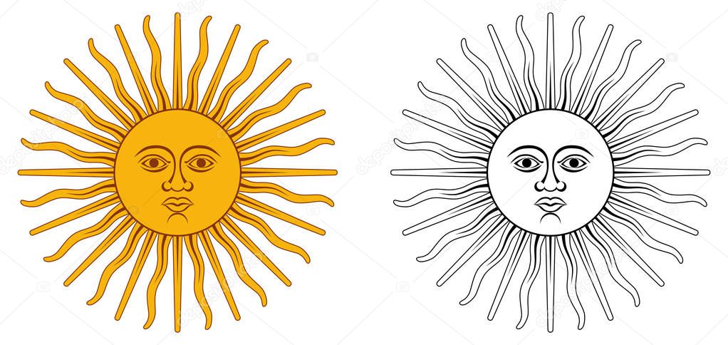 Sun of May - national emblem of Argentina and Uruguay. Yellow ci